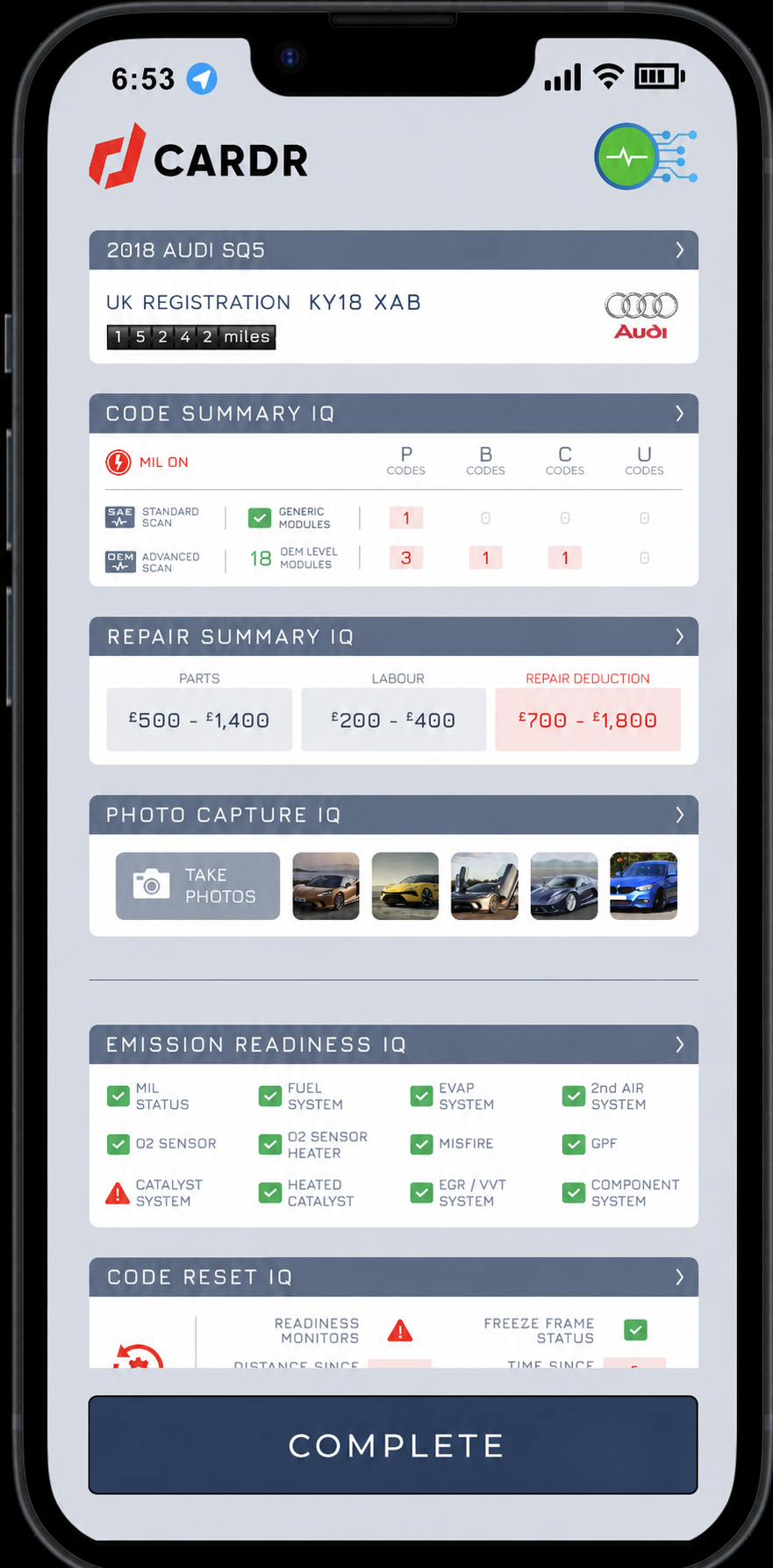 UK-localised CarDr Audi vehicle inspection screen